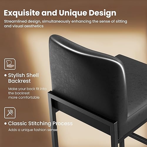 Miniatura 4 de PHI VILLA - Juego de 2 taburetes de barra de cuero negro, sillas de barra de altura de mostrador, taburete de barra moderno de cocina de 24 pulgadas