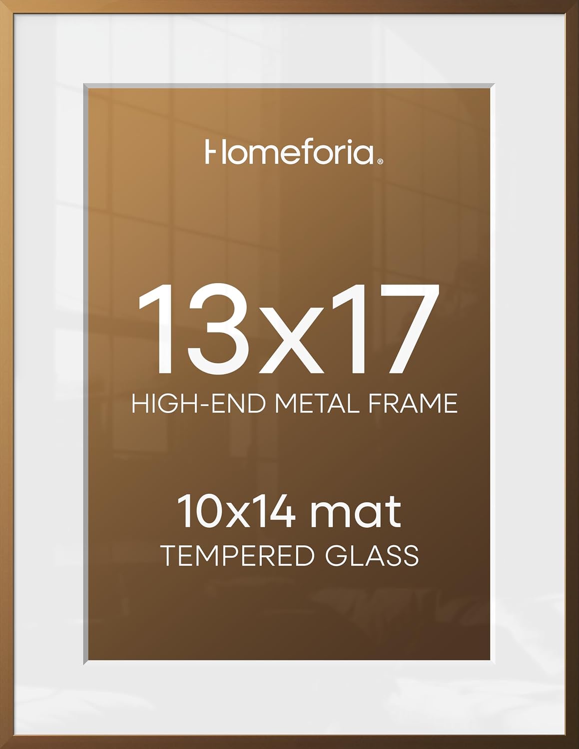 Homeforia 13x17 Picture Frame Bronze, High End Metal 13x17 Brass Poster Frames with Mat 10x14 Photo, 13 x 17 Frame Matted to 10 by 14 inch Print, 17by13 Thin Frames, Tempered Glass, Wall Kit, Set of 1