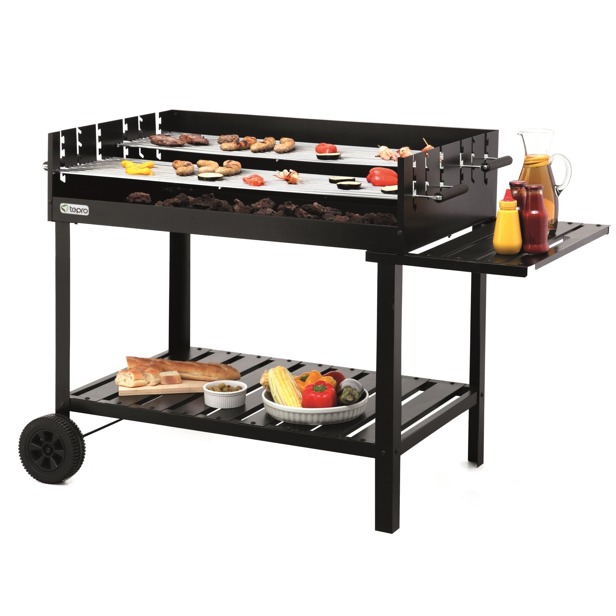 tepro Holzkohlegrill Grillwagen Atlanta, Outdoor BBQ mit Rädern, Höhenverstellbar ca. 77 - 88 cm, Grillfläche: ca. 98 x 56 cm, Maße ca. 135,5 x 63 x 91,2 cm, Schwarz