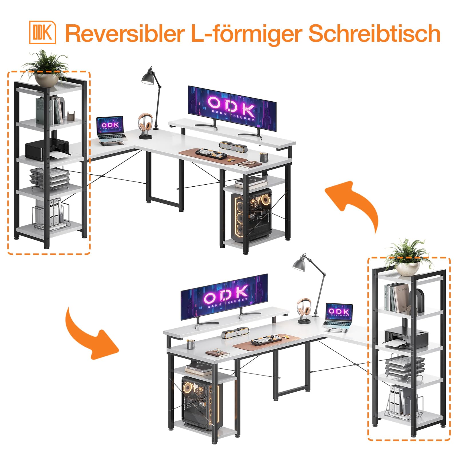 ODK Eckschreibtisch mit Regal, 137 × 140 cm, Reversibel, Weiß | Gaming Tisch und Schreibtisch in L-Form mit Stauraum und Ausstellungsfläche für Homeoffice und Büro