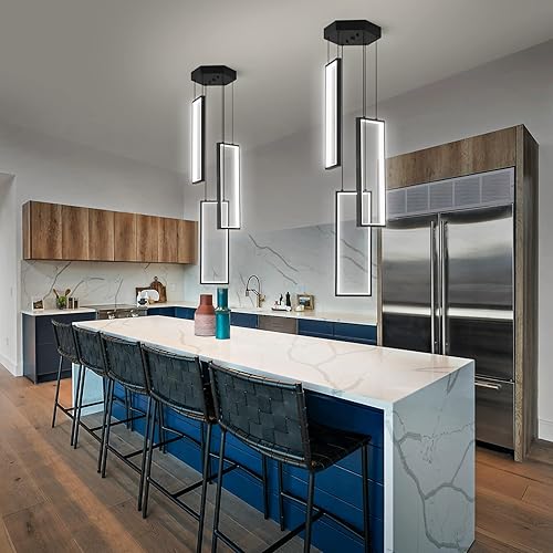 Miniatura 5 de FDPBY Lámpara colgante de cocina moderna negra de 40 W, iluminación colgante LED, 3 anillos, lámpara rectangular para cocina, isla, sala de estar,