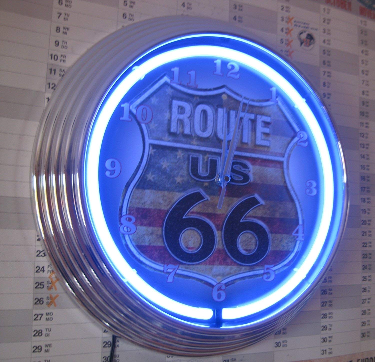 NEON Clock Aged Route 66 USA Flag Badge Sign WALLCLOCK Shining with Blue NEON Rim!-Working with Silent Movement!