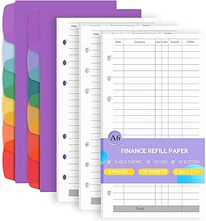 Antner A6 Finance Refill Paper 6-Hole Planner Inserts for A6 6-Ring Refillable Budget Binder, 135 Sheets Finance Records Loose Leaf Filler Paper with Binder Dividers for Budget Planning Accounting