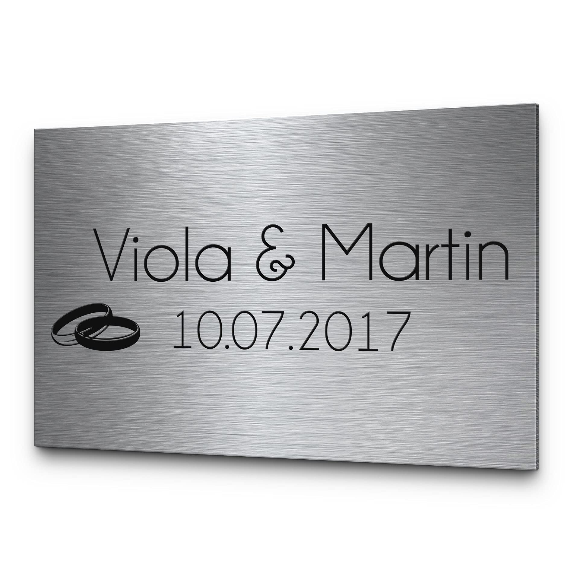 Edelstahl Hochzeitsschilder rechteckig mit Wunsch Gravur zB Name & Spruch & Eheringe Trauringe | Ausgefallene Geschenke Hochzeit viele Motive | Perlenhochzeit Kristallhochzeit