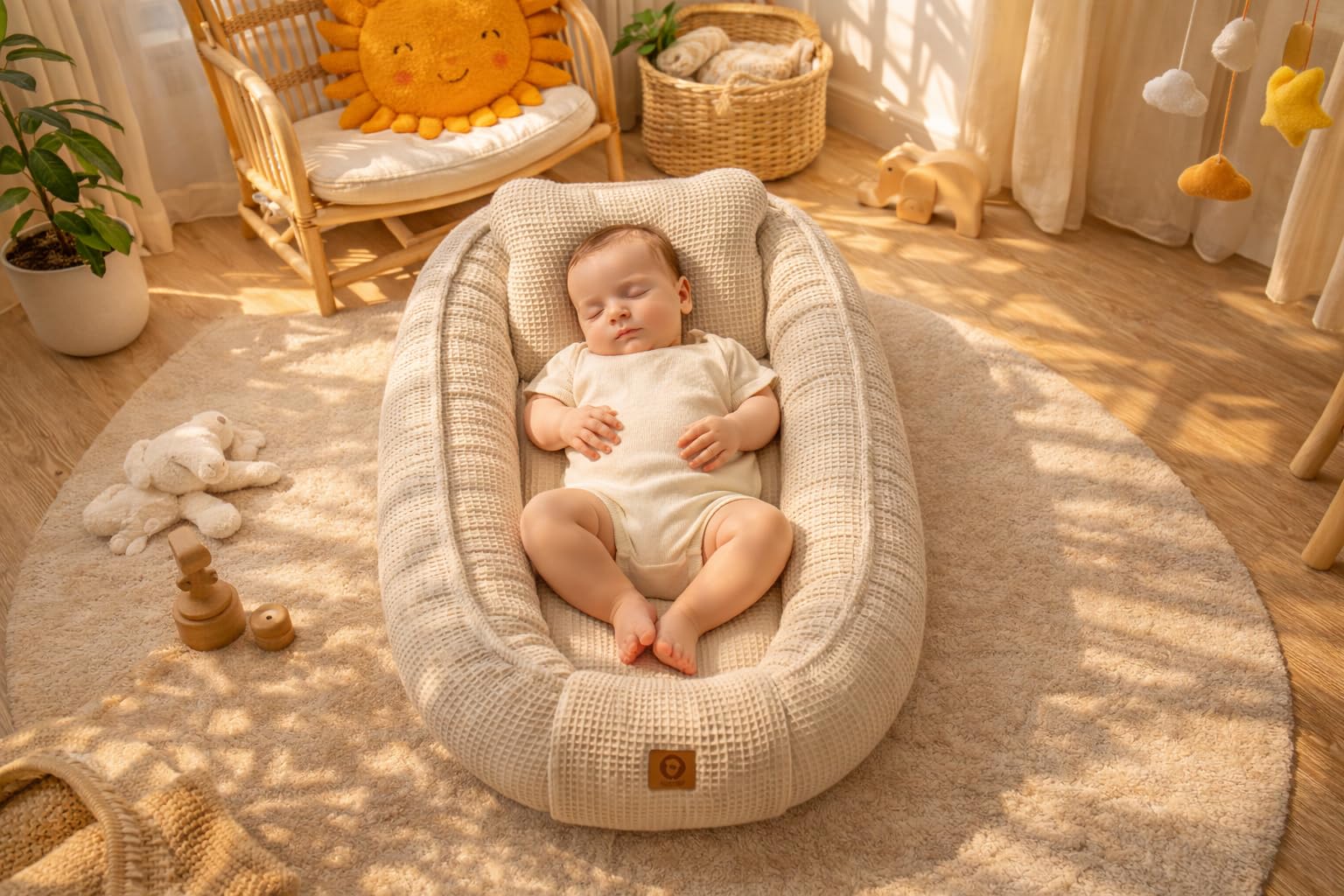 Babynestchen Neugeborene – 5-teiliges Baby Set mit Babynest aus Waffelpique Baumwolle – Nestchen Baby für Babybett & Kinderbett – Babykokon Tragbar – OEKO-TEX zertifiziert – Zubehör Babybett - Sand