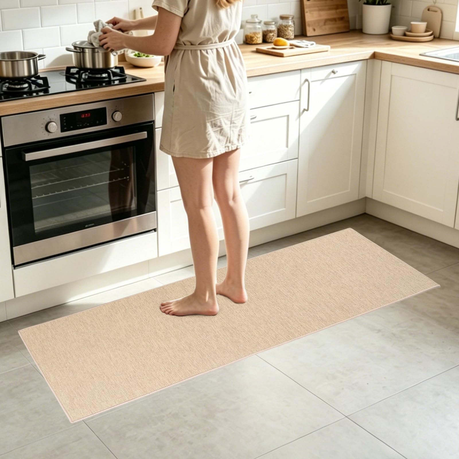 Küchenteppich Waschbar Rutschfest 2 Stück, Küchenläufer Saugfähig, Anti-Ermüdungsmatte, 43x75CM+43x150CM, Beige