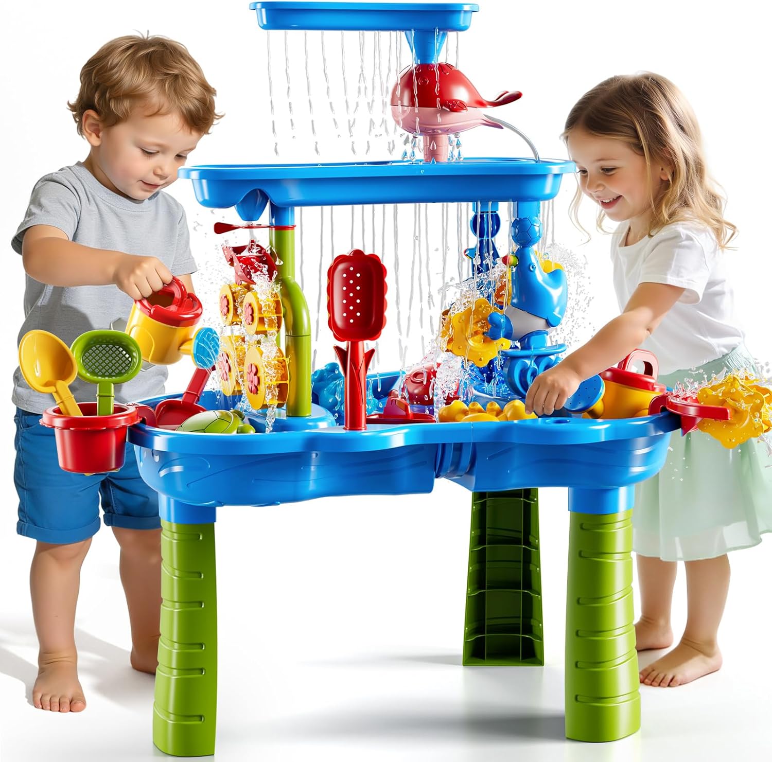 JUKUDAHU 3-Tier Sand and Water Table Toys for Kids Aged 3 4 5 6 7 8, Outdoor Activity Playset Sensory Play Table with Beach Toys Accessories Water Waterfall, Birthday Gifts for Toddlers 3-4 3-5 4-6