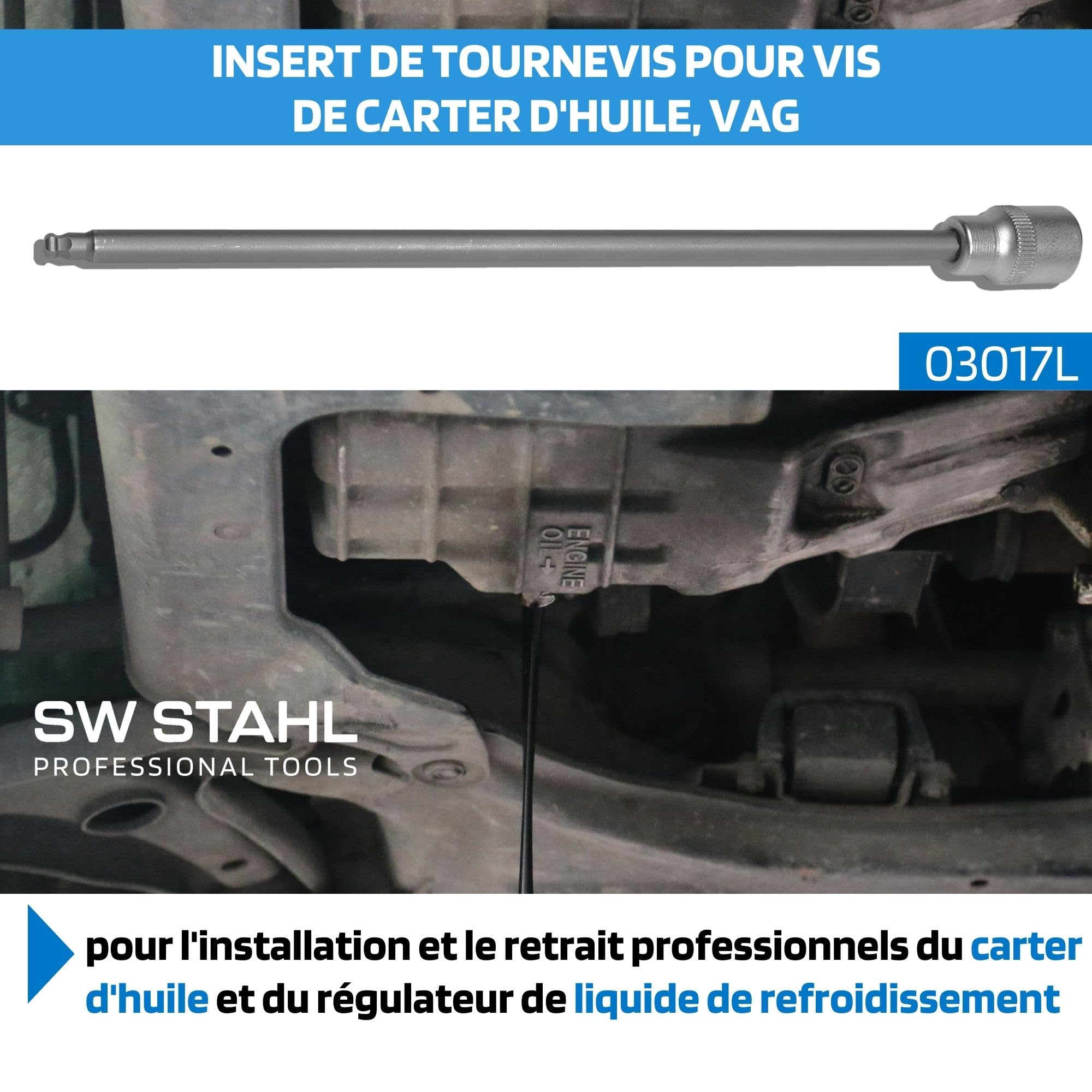 SW Stahl 03017L Douille pour Vis de Carter d'Huile VAG - 5 mm, 3/8 Pouce | Clé à tête sphérique longue 290 mm en acier chrome-vanadium - embout six pans creux pour montage carter et régulateur