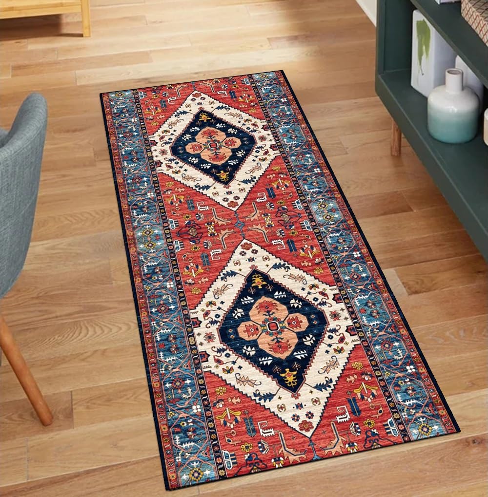 Alfombra vintage roja de 100x150 cm lavable para pasillo de casa
