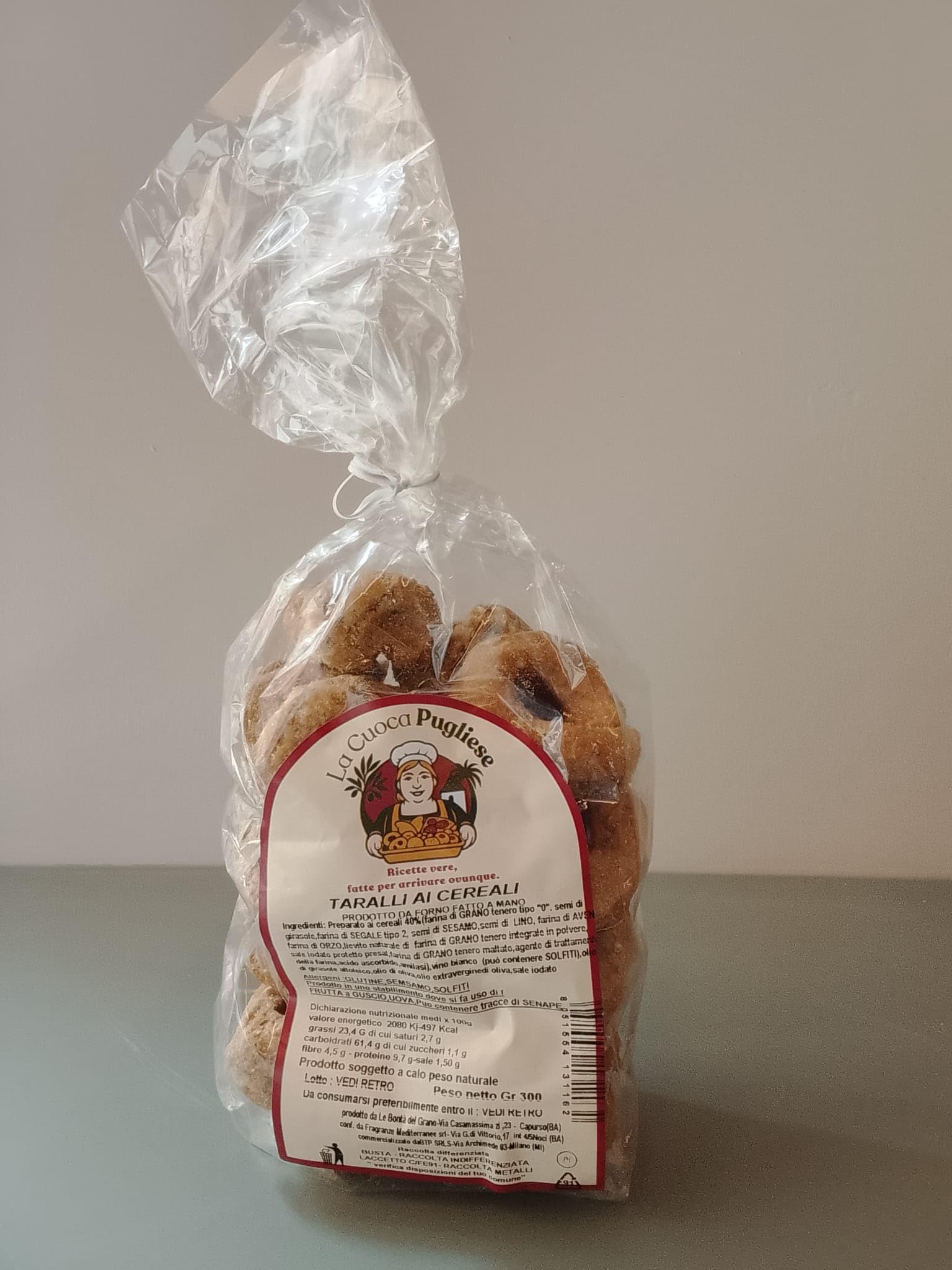 La Cuoca Pugliese - Taralli ai Cereali, taralli artigianali pugliesi croccanti con semi e cereali, snack salato mediterraneo, 10 confezioni da 300 g, specialità da forno pugliese