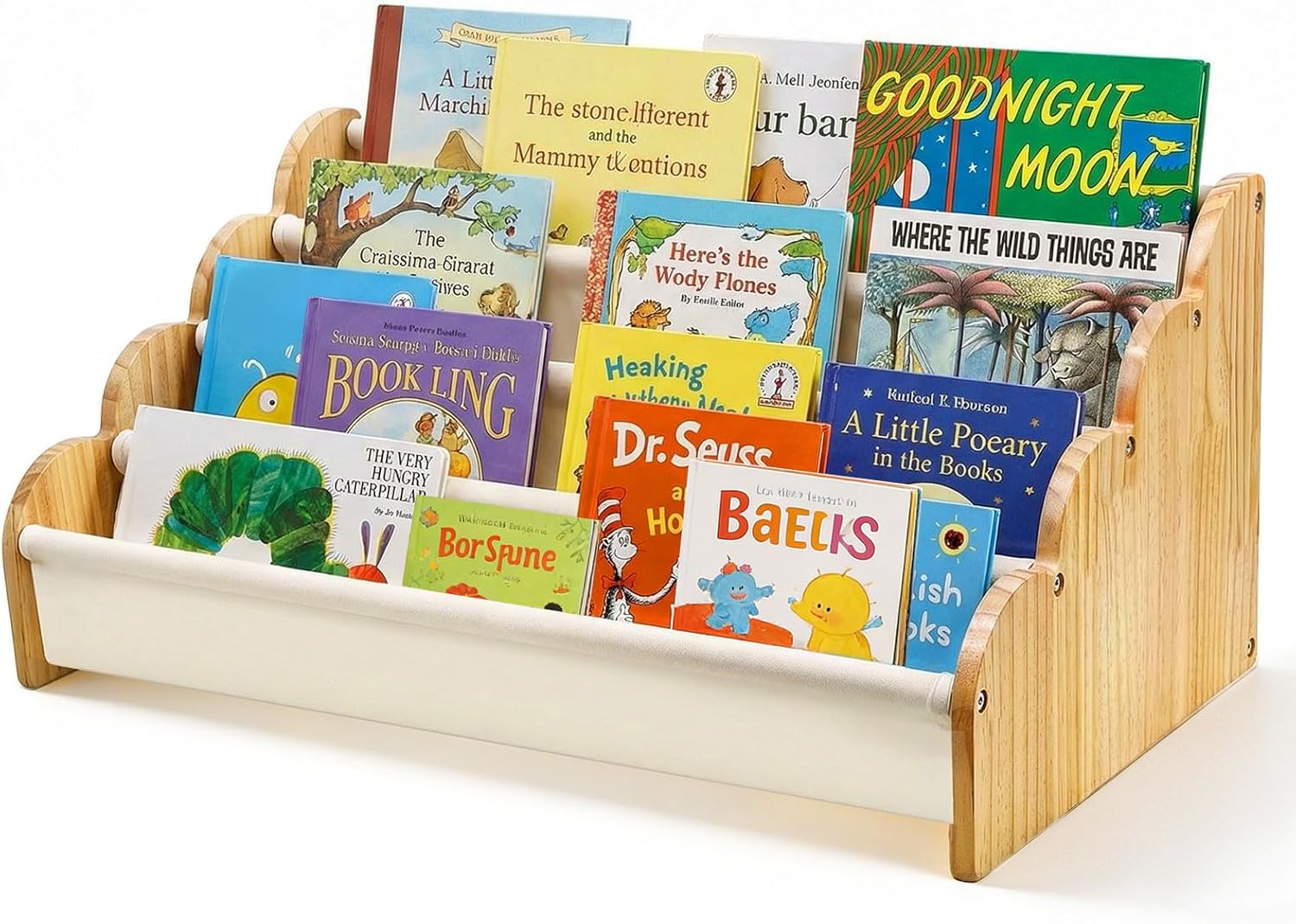 4-Tier Kids Bookshelf, Montessori Book Shelf for Kids Rooms, Wooden Sling Toddler Bookshelf with Fabric Storage Pockets, Nursery Book Shelves for Nursery, Playroom, Classroom or Bedroom