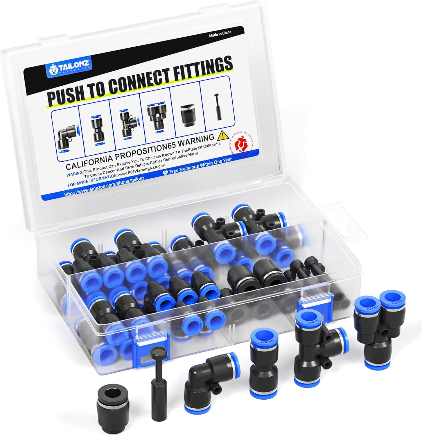 TAILONZ 60-Pc 1/4" OD Push-to-Connect Pneumatic Fittings Kit: 10 Each Splitters, Elbows, Tees, Straights - 145 PSI Durable Plastic