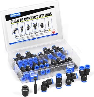 TAILONZ 60-Pc 1/4" OD Push-to-Connect Pneumatic Fittings Kit: 10 Each Splitters, Elbows, Tees, Straights - 145 PSI Durable Plastic