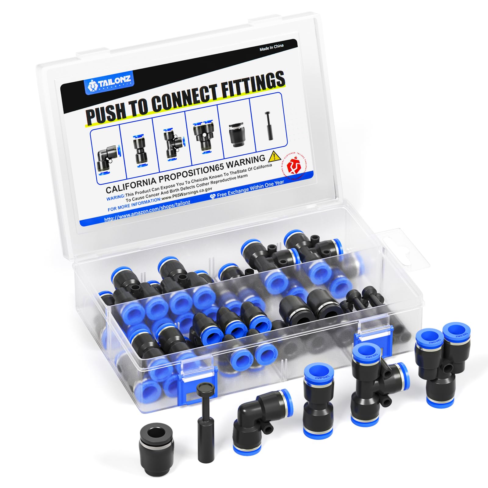 TAILONZ PNEUMATIC 5/16 Inch od Push to Connect Raccordi Pneumatici Raccordi Kit 10 Spliter+10 Gomiti+10 Tee+10 Diritti+10 PPF+10 PP (60 pz)