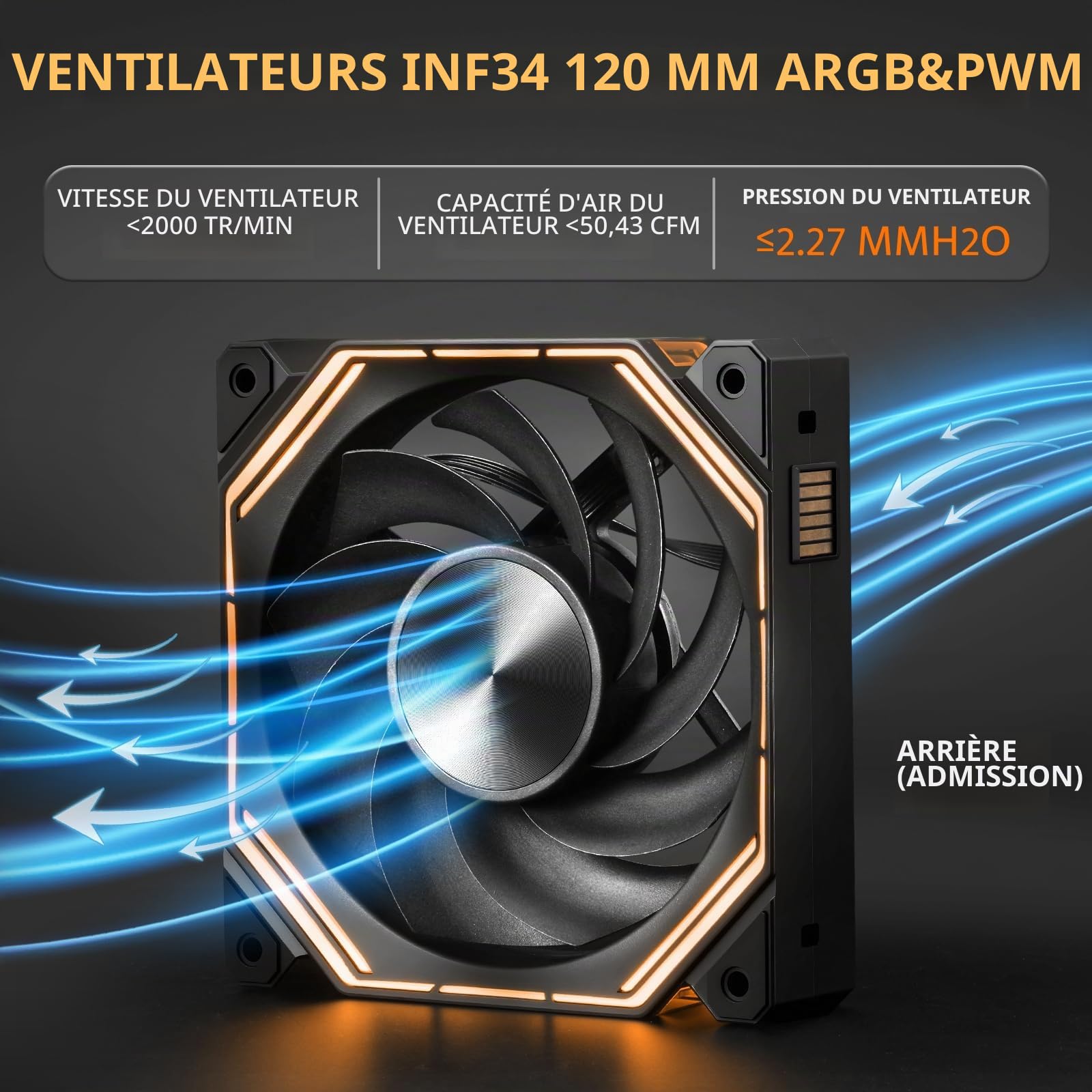 darkFlash INF34 Lot de 3 ventilateurs de boîtier PC 120 mm, chaîne en marguerite, refroidissement jusqu'à 2000 tr/min, PWM à 4 broches, ventilateur d'ordinateur ARGB (inversé, noir)