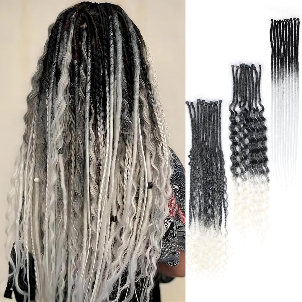 24 Inch 30 Strands SE Dreadlock Extensions Sets,3 In 1 Mixed Synthetic Dreads Extensions, Gray to White Straight&Curly&Boho Handmade Dreads Hippie Style Dreadlocks for Woman