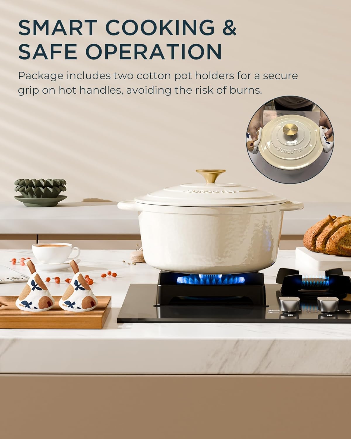 Enameled Cast Iron Dutch Oven - 6QT Pot with Lid & Cotton Potholders - Heavy-Duty Cookware for Braising, Stews, Roasting, Bread Baking, Oven Safe up to 500° F & Across All Cooktops, Cream White - Image 7