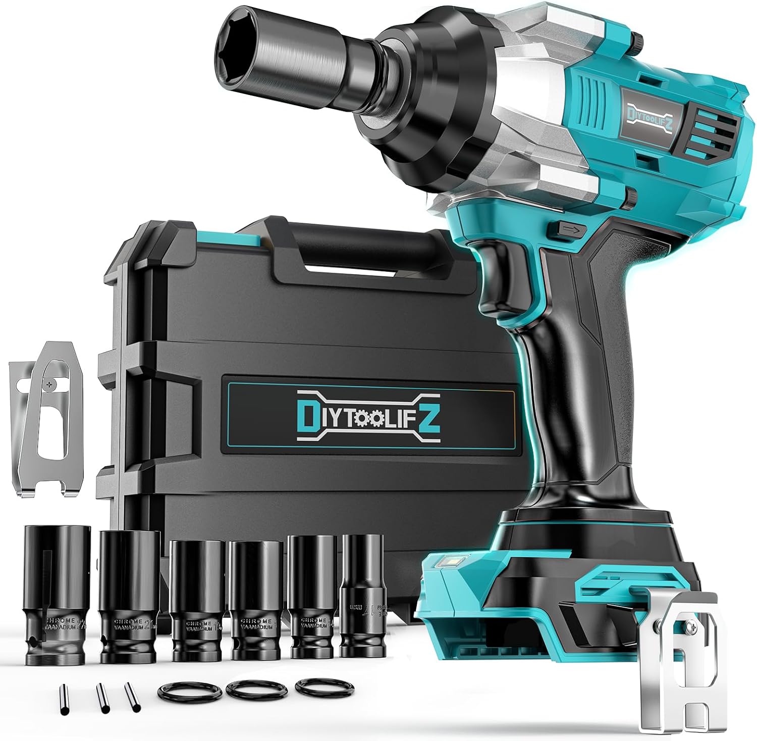DIYtoolifz Cordless Impact Wrench 1/2 inch for Makita 18v Battery, 900FT-LBS (1200N.m) Brushless Electric Impact Gun, High Torque Power Impact Driver with 6Pcs Sockets & Storage Case (Tool Only)