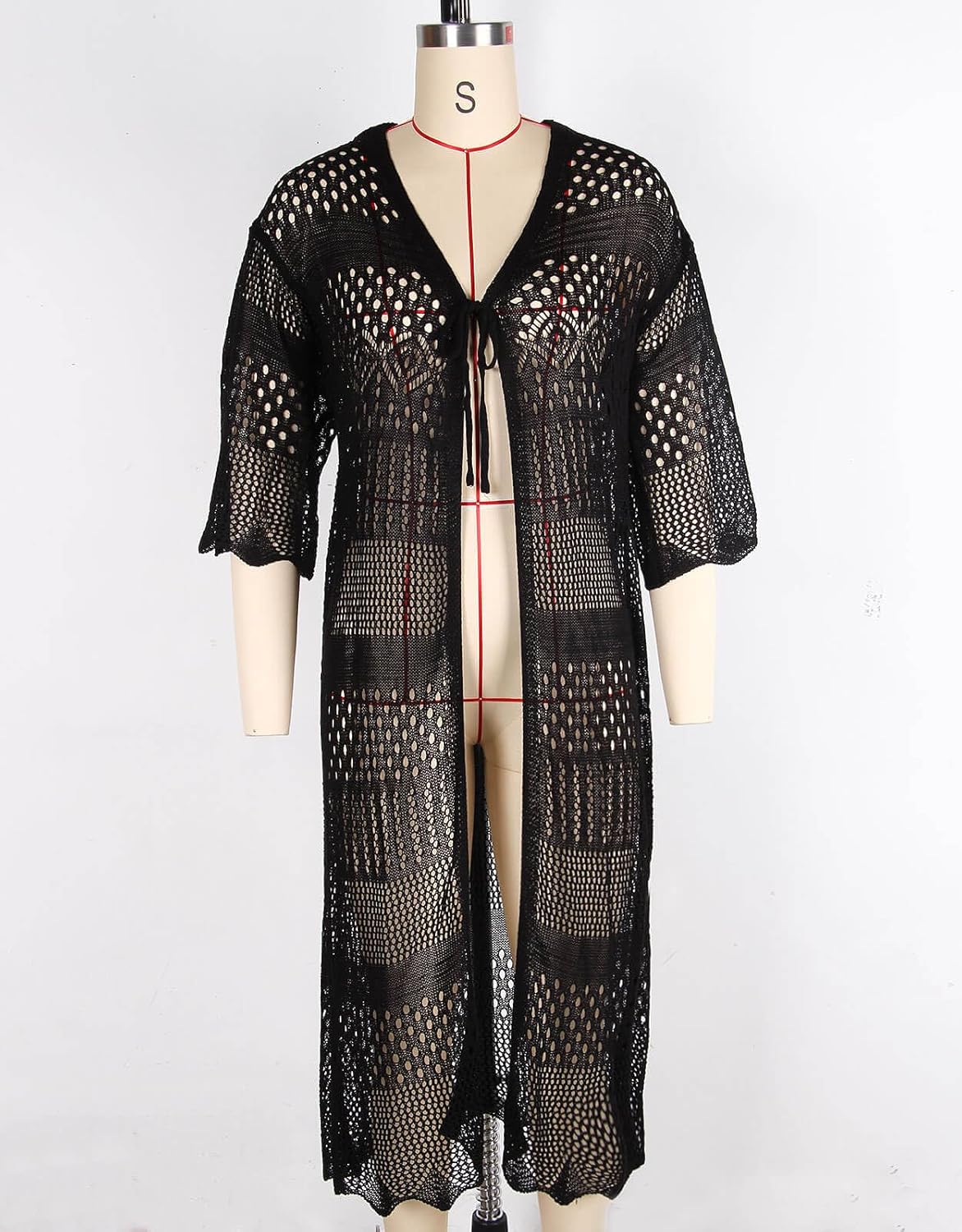 Alsol Lamesa Women's Crochet Kimono Cardigan Tie Front 3/4 Sleeve Loose Lightweight Boho Swimsuit Cover Up - Image 7