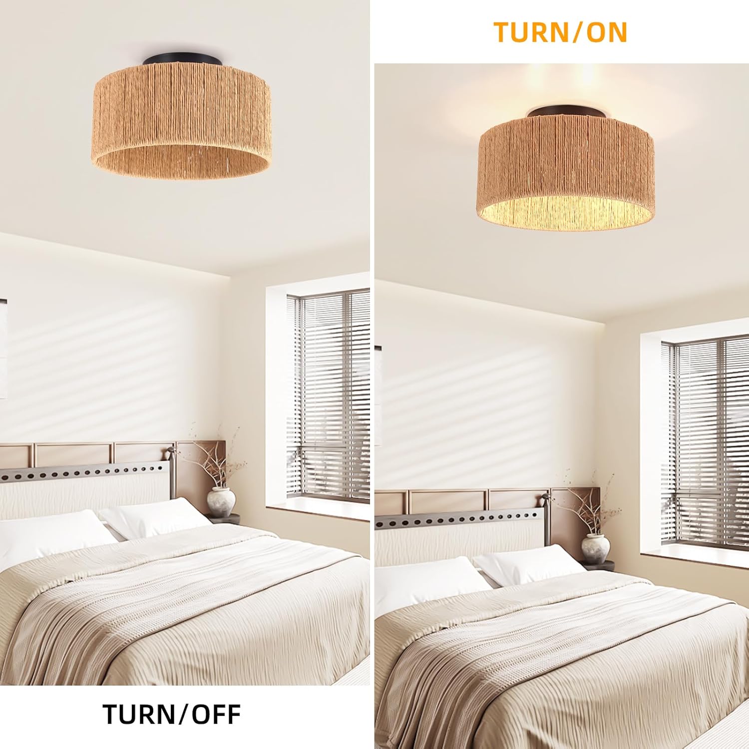 12.6" Bohemian Vintage Ceiling Light, Rattan Weave Recessed Ceiling Mounted, Jute, 3 Lights for Hallway Bedroom Kitchen Passage Farmhouse Entrance Living Room Light Fixture