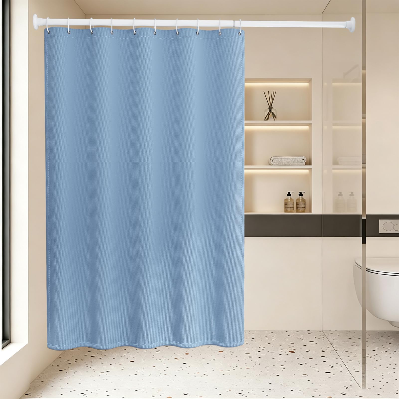 Rideau Douche Anti Moisissure 95 x 160 cm Salle de Bain Rideau Baignoire Petit Tissu Polyester, Anti Moisissure, Imperméable Lavable en Machine, avec Œillets et Crochets, Bleu Clair