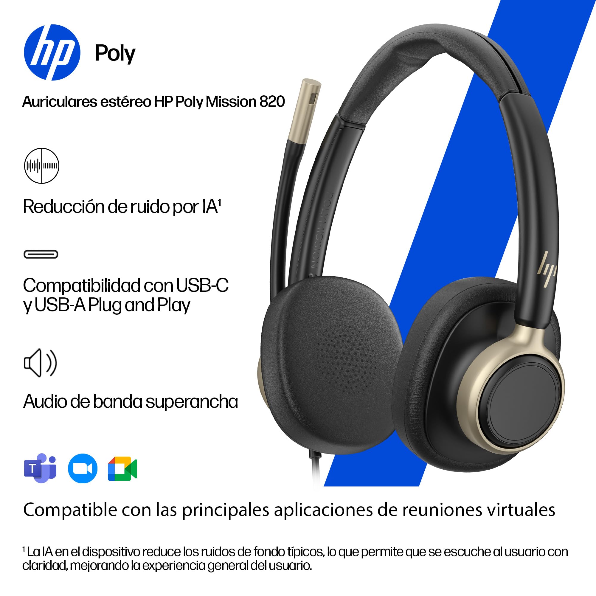 POLY HP Mission 820 Auricular USB-C Estéreo con Cancelación Activa de Ruido (ANC), Aíslate del Ruido y Concéntrate, Micrófono con cancelación de Ruido con IA, PC y Mac