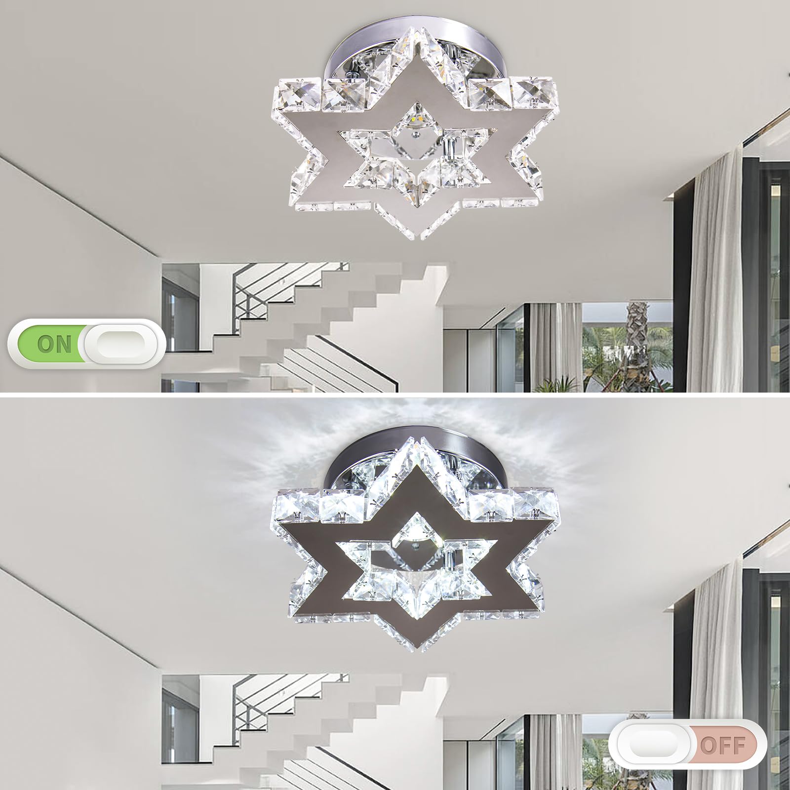 Moderne LED Kristall Kronleuchter Edelstahl Mini Deckenleuchte Stern Flush Mount Deckenleuchte für Schlafzimmer Esszimmer Flur Insel (kühles Weiß)