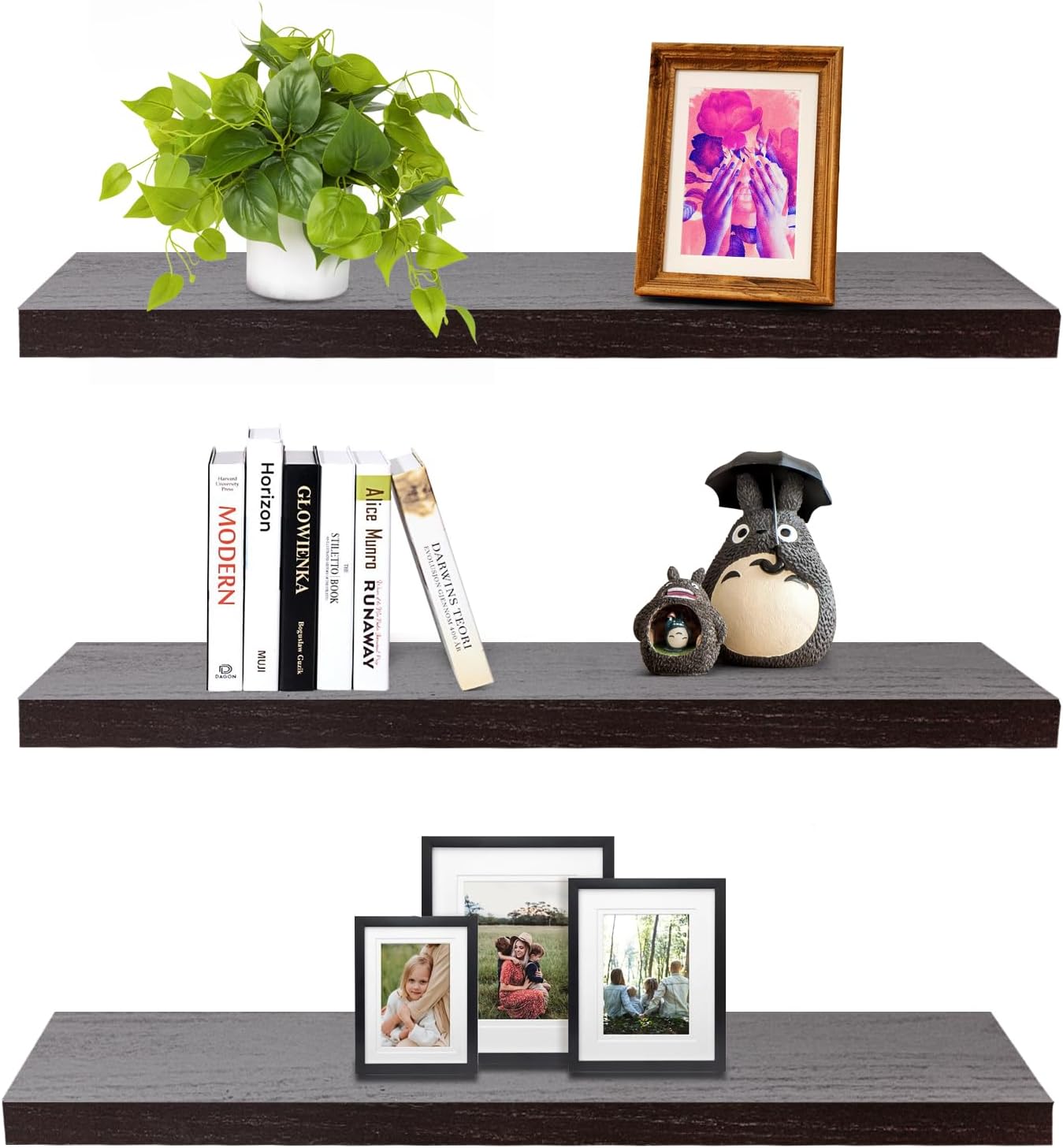 Floating Wall Shelves for Bedroom Bathroom Wall Mounted Solid Wood Shelf 24 Inch Set of 3, Espresso