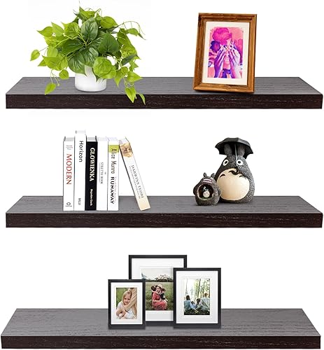 SAUMONIERES Estantes flotantes de pared para dormitorio, baño, estante de madera maciza de 24 pulgadas, juego de 3, color espresso