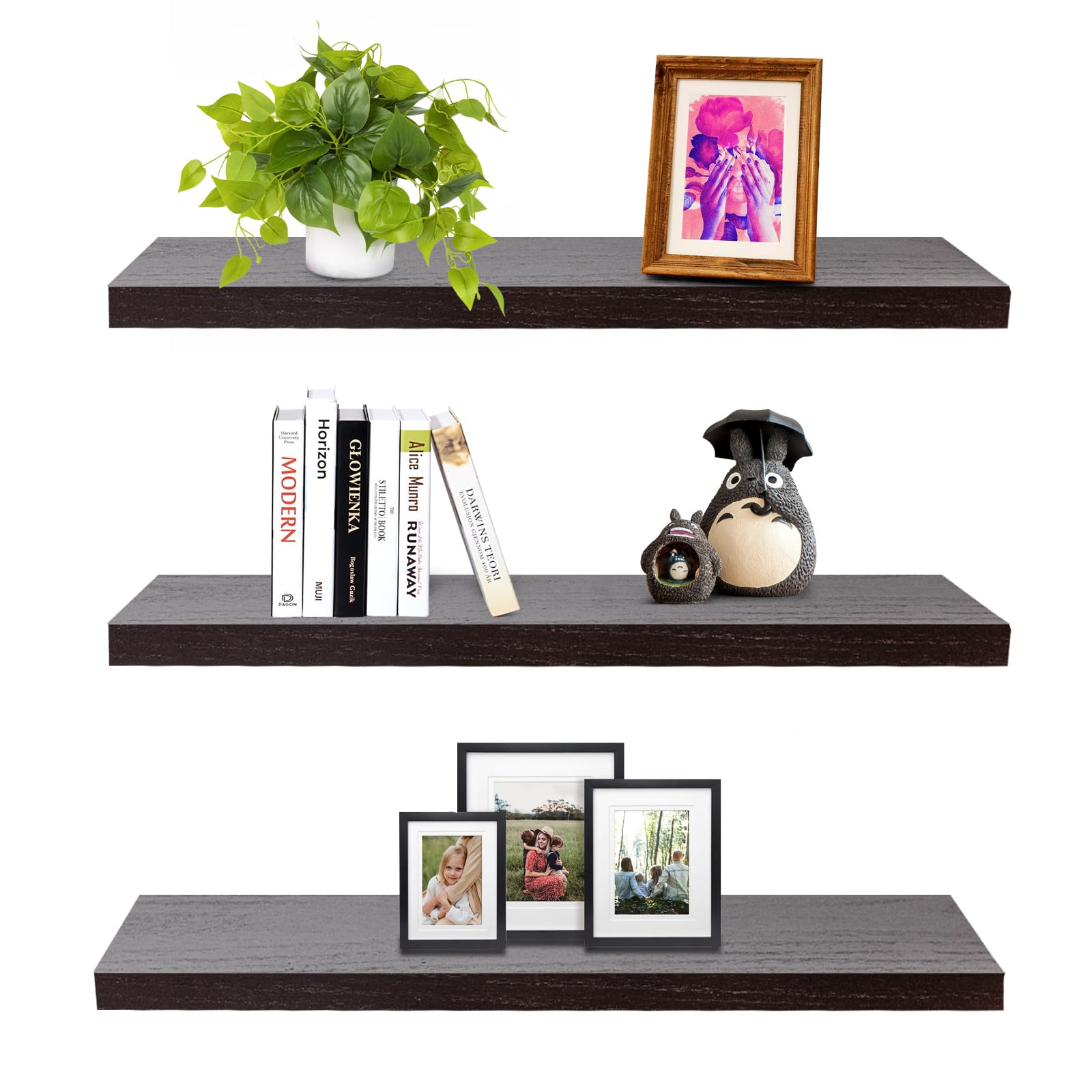 SAUMONIERES Floating Wall Shelves for Bedroom Bathroom Wall Mounted Solid Wood Shelf 24 Inch Set of 3, Espresso