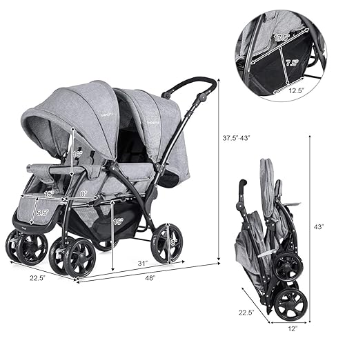 Miniatura 5 de BABY JOY Cochecito de bebé doble, plegable de doble asiento con respaldo ajustable, mango de empuje y reposapiés, ruedas con bloqueo, cinturón de