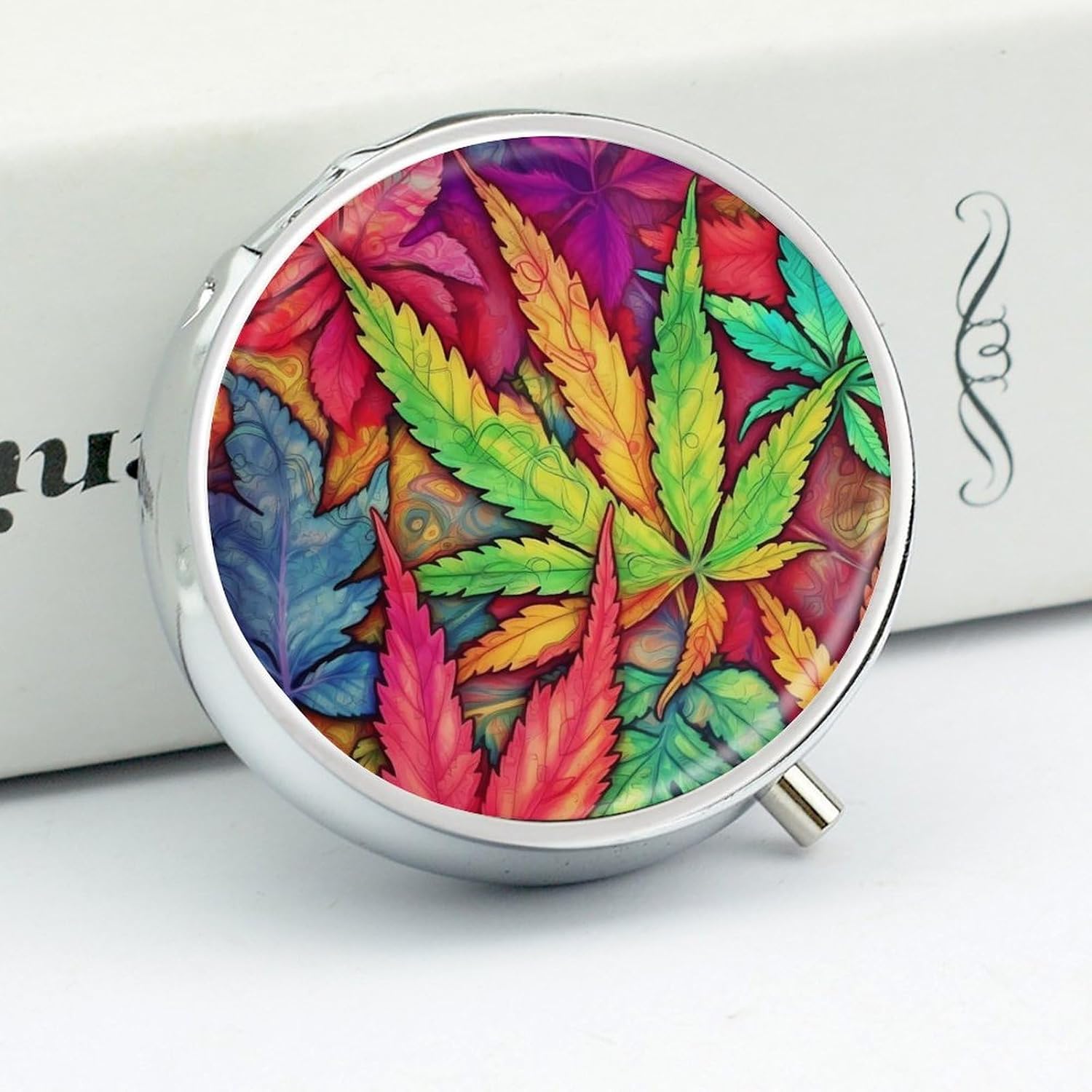 Round Daily Colorful Leaf Weed Art Pill Case with 3 Compartment & Mirror image 4