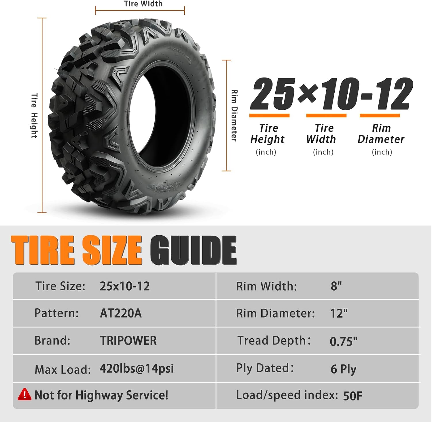 TRIPOWER 25x10-12 ATV UTV Tires 25x10x12 All-Terrain Quad Tires for All Trail Mud Sand Off-Road Tire, 6PR Tubeless, Set 2