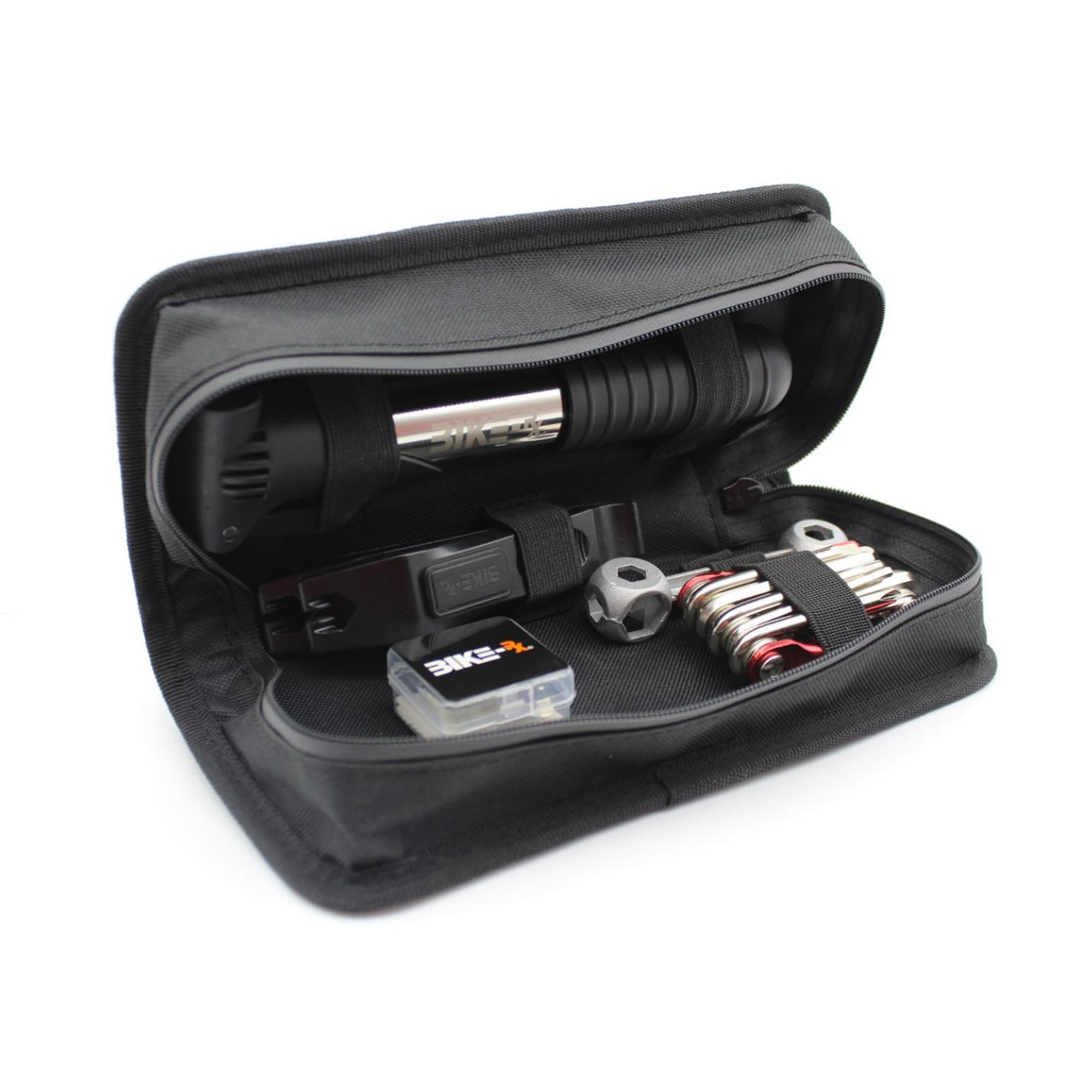 Bike Rx Bike Repair Kit Tool Bag – 16-in-1 Multitool, 120PSI Mini Pump, Tire Levers, Patches, Easy Bike Maintenance Kit for BMX, Road, Mountain, & E-Bikes, Portable Tool Kit for Emergencies & Repairs