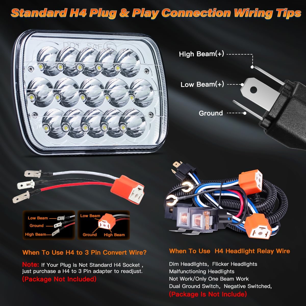 5x7 H6054 In LED Headlights DOT Approved Hi/Lo Sealed Beam 7x6 Rectangular Headlamp for Je ep Truck Off-road Van Pickup with Isuzu Ford Chevy GMC with H6545 H6052 H5054 6053 Socket Headlight