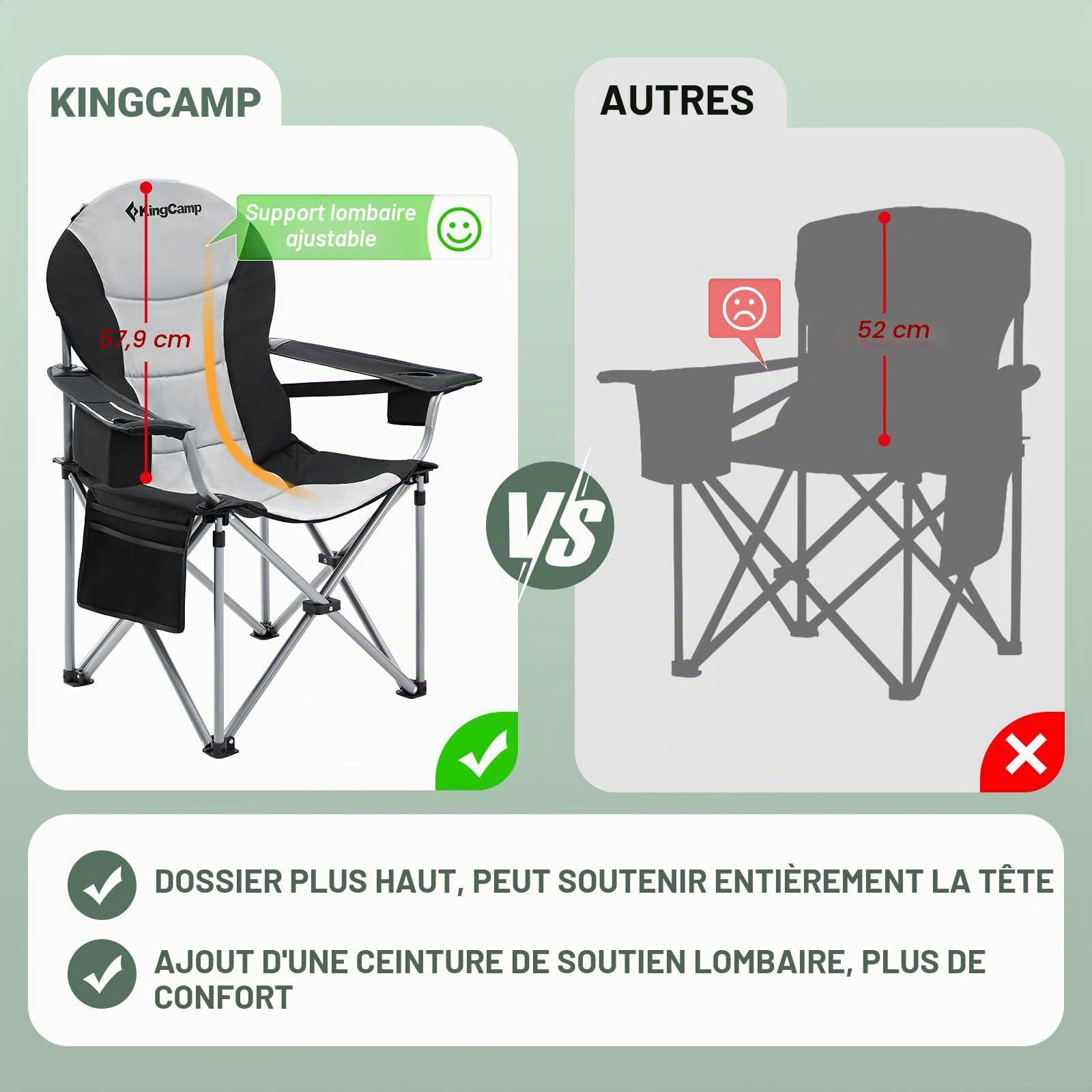 KingCamp Chaise de Camping Pliante XXL Ergonomique Rembourrée