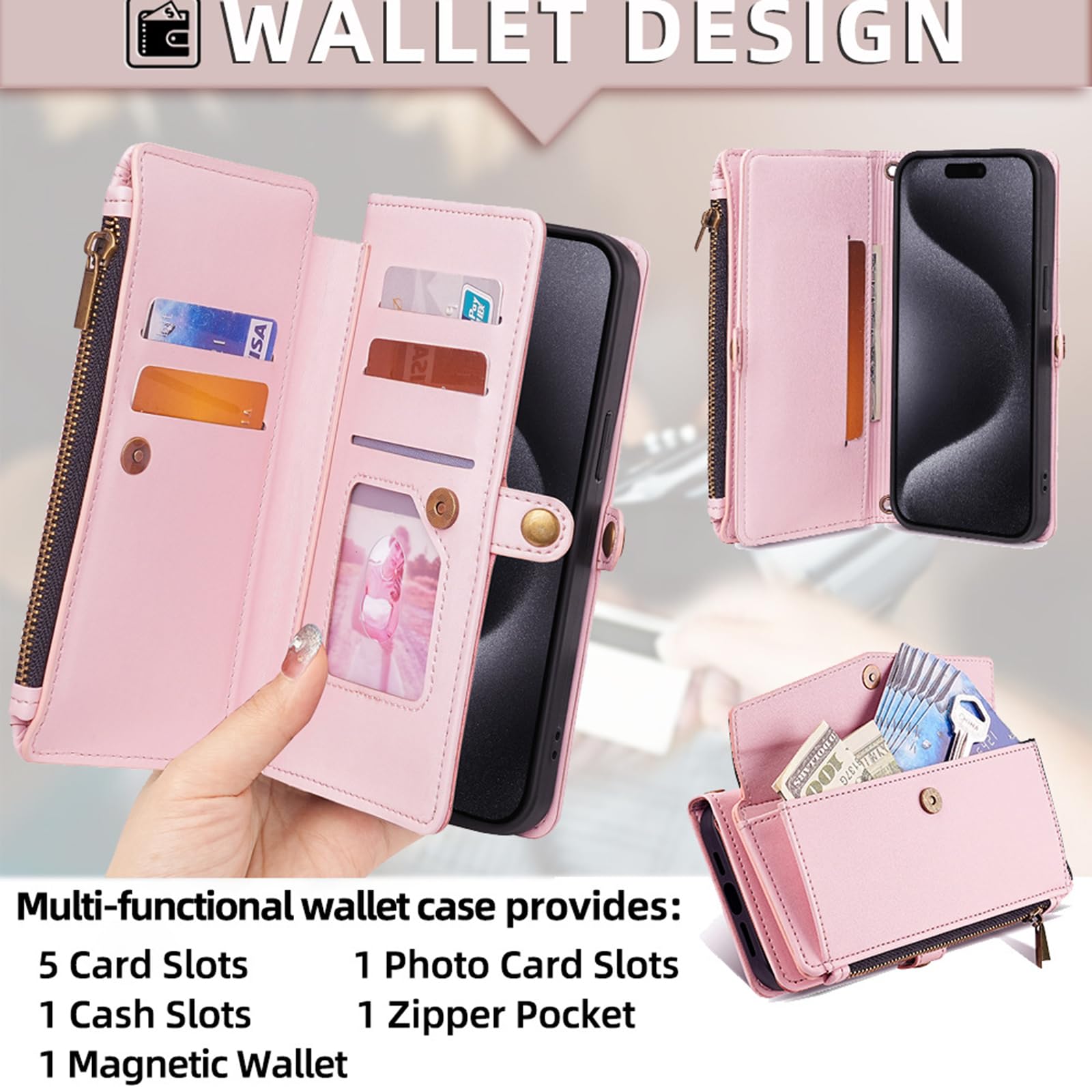 Różowe, 15, etui portfelowe do Xiaomi 15 Ultra/15 Pro/15, magnetyczne zapięcie, z klapką, skórzany pokrowiec ochronny z paskiem na ramię, stojakiem, etui na telefon komórkowy