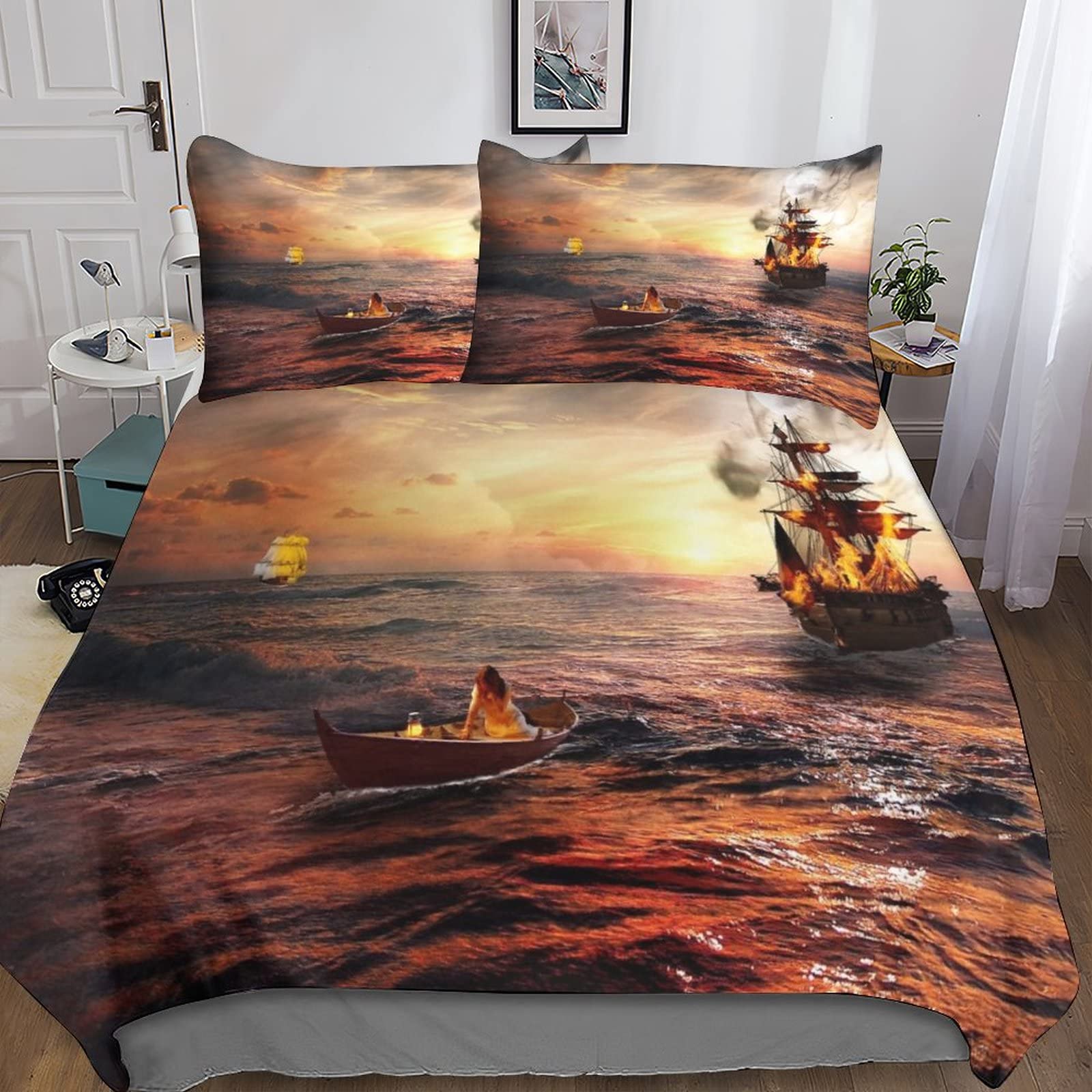 Housse de couette pirate lit double froissement reduit parure microfibre douce 200x200cm