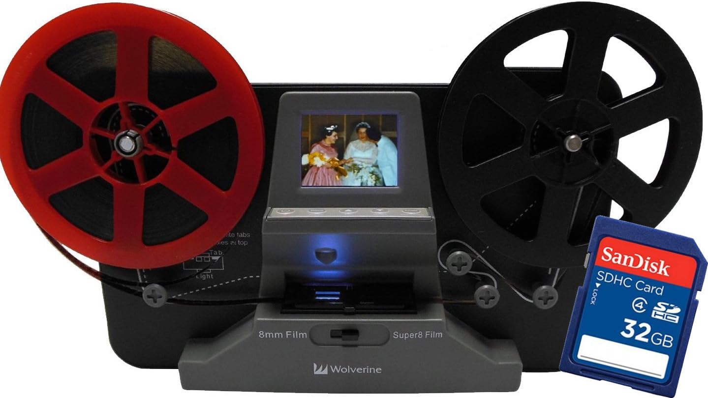 Wolverine 8mm and Super8 Reels Movie Digitizer with 2.4" LCD, Black (Film2Digital MovieMaker), Includes 32GB SD Memory Card & Worldwide Voltage 110V/240V AC Adapter (Bundle)