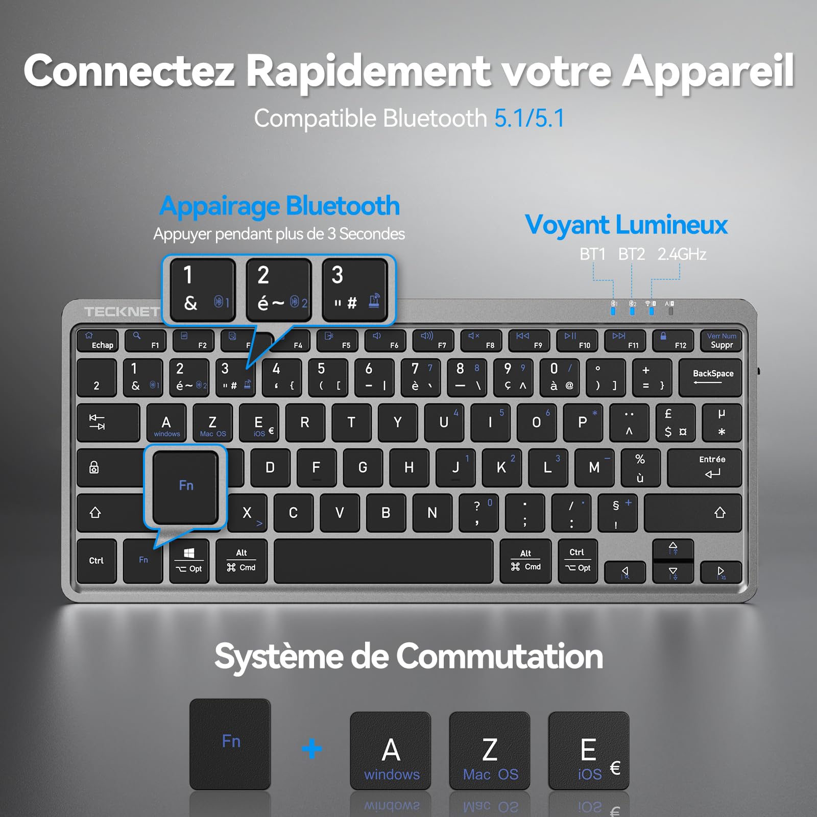 TECKNET Clavier sans Fil Bluetooth pour 3 Appareils (BT5.1/5.1+2.4GHz), France AZERTY Mini Clavier Rechargeable, 18 Raccourcis Multimédias, Clavier Silencieux pour iPad, Windows, iOS, Android