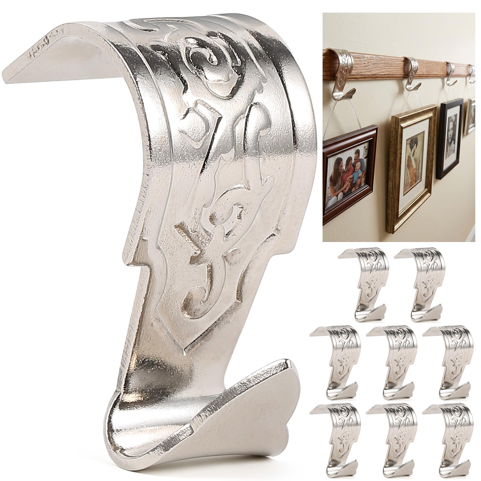 Moxweyeni 8 Pcs Thicken Picture Rail Hooks Heavy Duty Solid Brass Vintage Retro Molding Hooks Polished Lacquered Finish Picture Rail Hangers for Gallery Artwork Photos Display Hanging System (Silver)