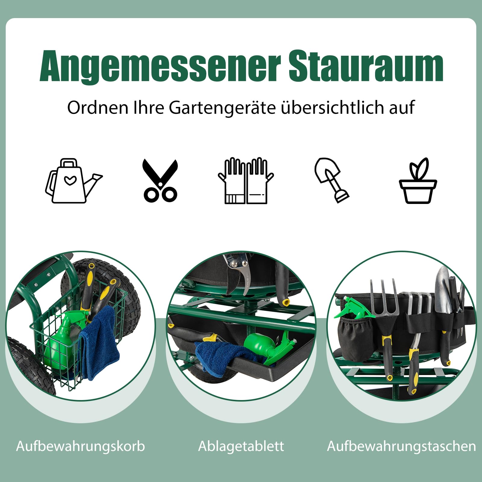 GOPLUS Rollsitz Garten, 360° drehbarer Gartensitz mit Griff, Rückenlehne & Sitzkissen, Gartenhocker mit Ablage, Korb & Werkzeugtasche, Sitz höhenverstellbar, bis 150kg, Gartenwagen für Gartenarbeit