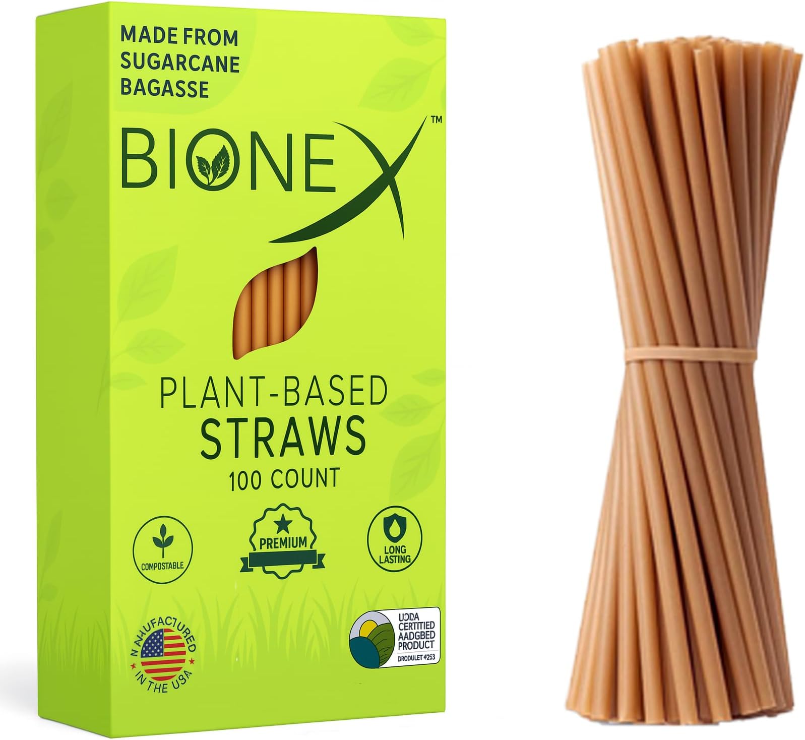 Bionex 8" Sugarcane Drink Straws – Biodegradable, Compostable, Made in USA – 100 ct. Eco Friendly Alternative to Plastic Straw (Pack of 1, 100 Count per Pack)