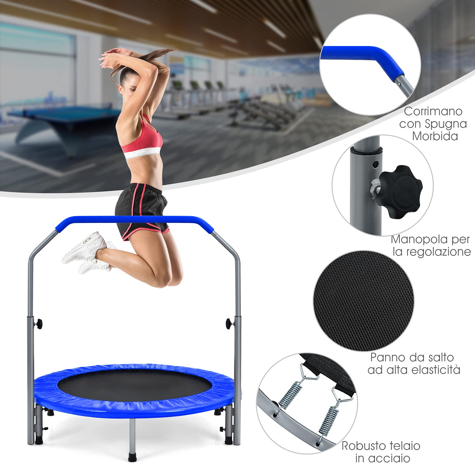 COSTWAY Trampolino per Bambini e Adulti, Tappeto Elastico Pieghevole e Regolabile in 4 Altezze con Maniglia, Capacità di Carico 150 kg