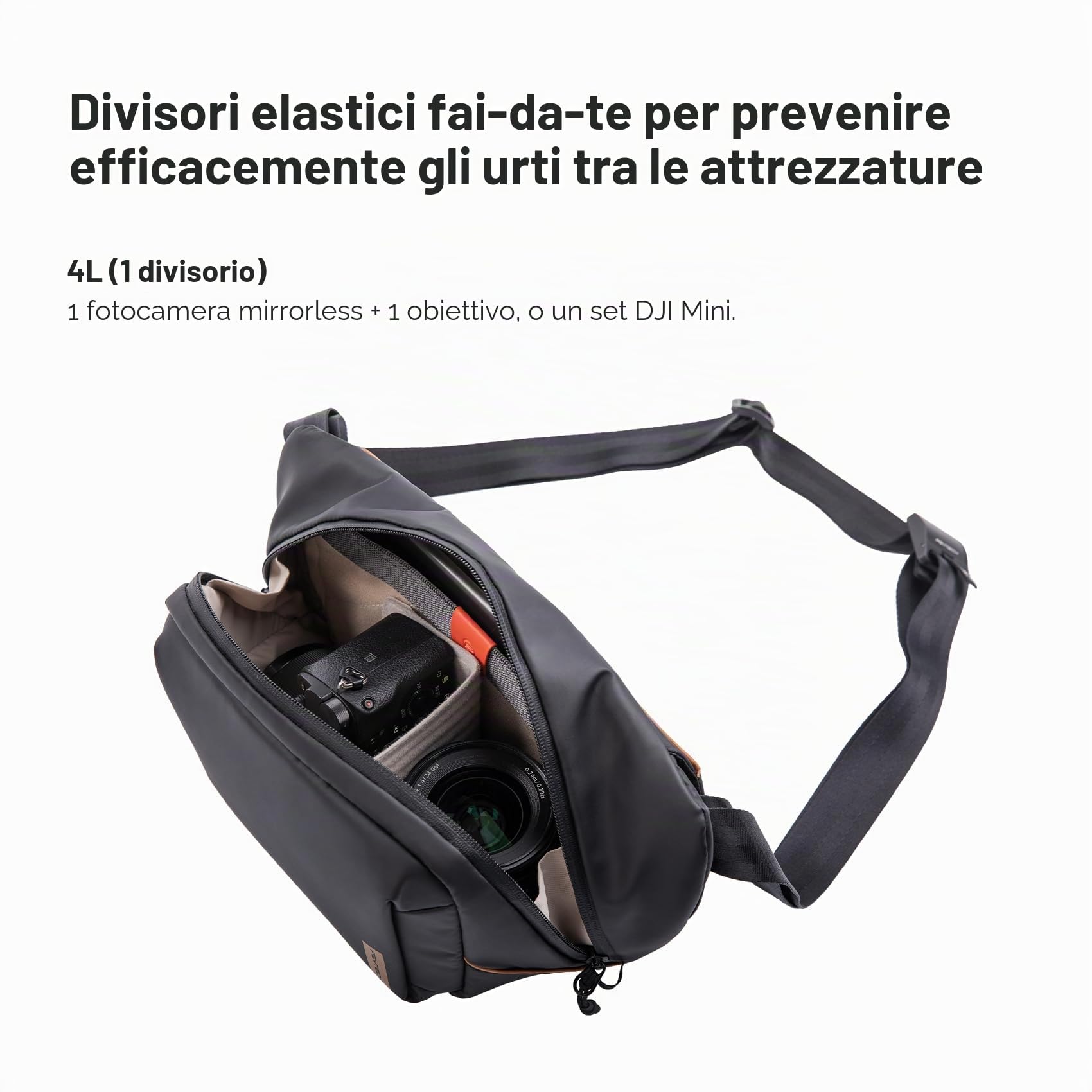 PGYTECH OneGo Solo V2 Borsa Fotografica Professionale Tracolla 4L, Zaino Fotografico Piccolo Impermeabile Compatibile con Fotocamera Reflex Canon, Insta360 X4, DJI OSMO Pocket 4, iPad mini 8.3'', Nero
