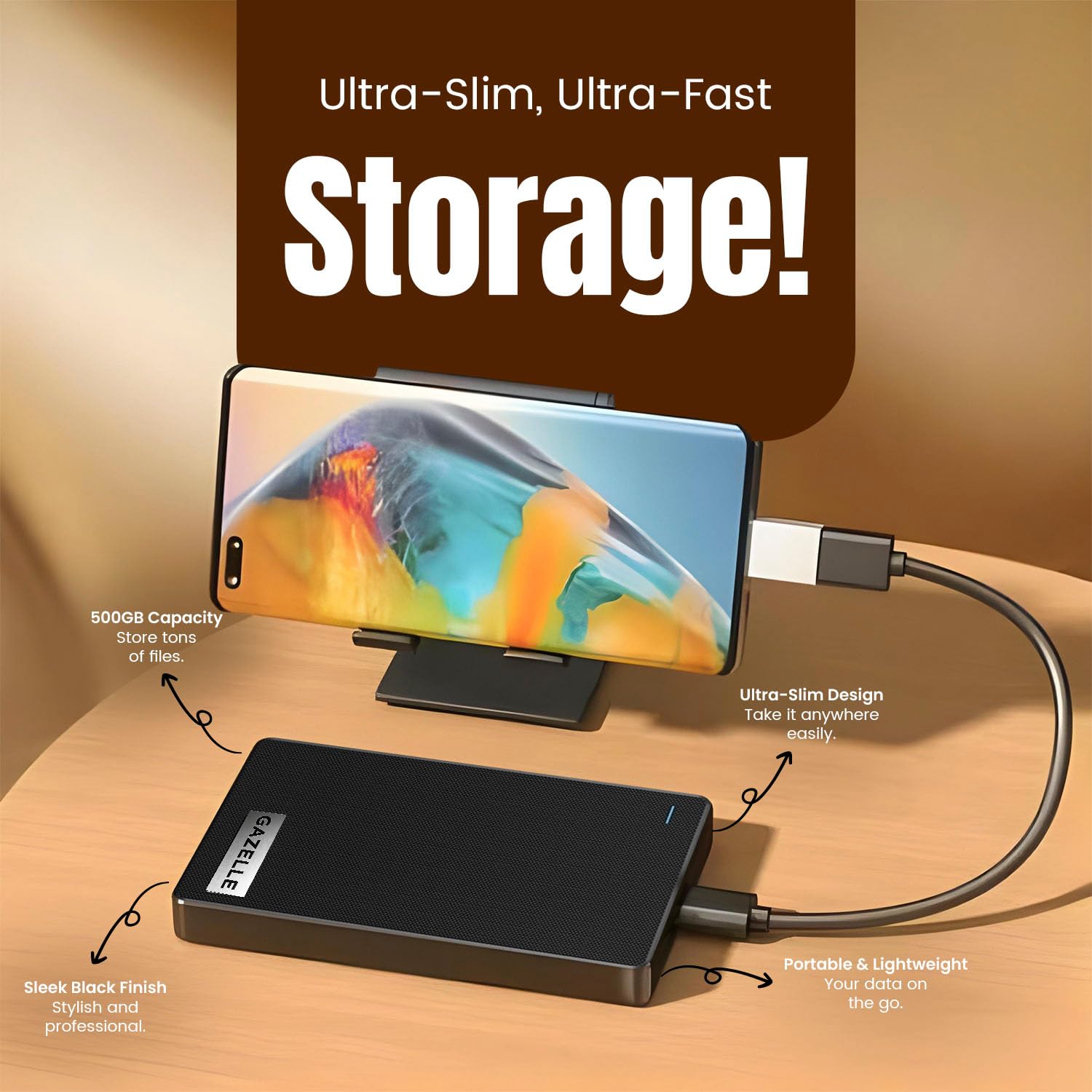 GAZELLE Disco duro externo portátil ultradelgado de alta velocidad de 1 TB, 2 en 1 tipo C y USB 3.0, compatible con PC, Mac, portátil, PS4, Xbox, iPad, tableta, móvil (negro)