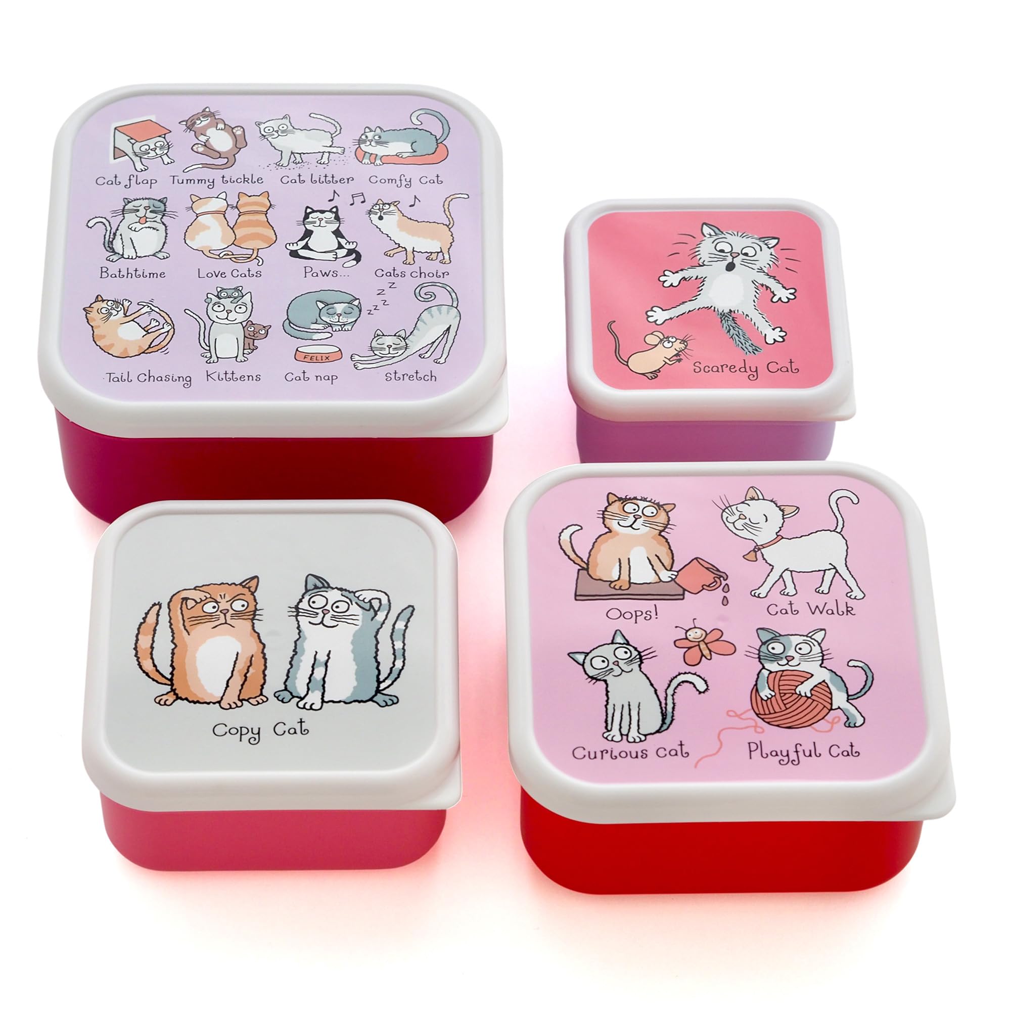 Tyrrell Katz Kids Snack Boxes with Cats theme Print - Children's 4 Piece Set - Freezer Safe Square Food Storage Containers