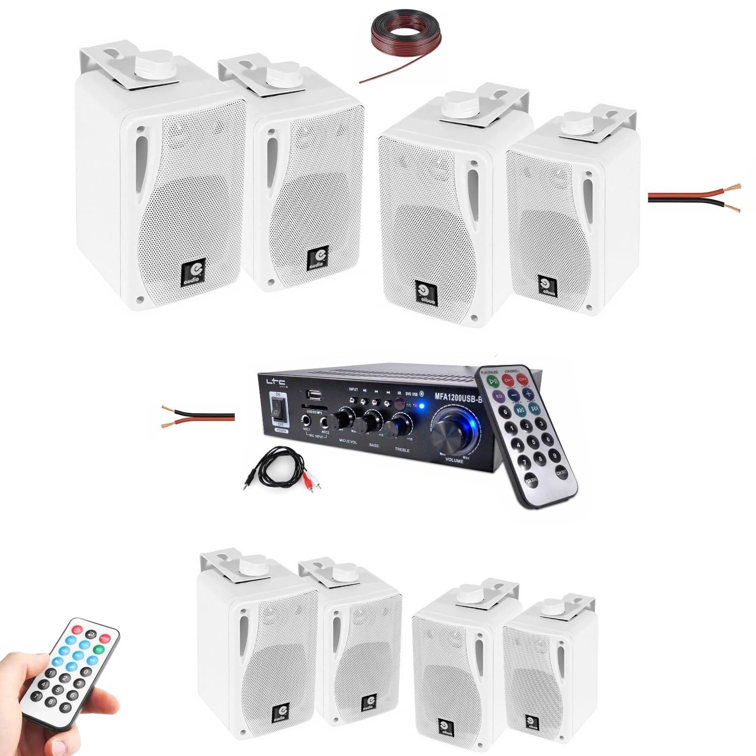 LTC - Pack HiFi Ampli Bluetooth Stéréo USB SD MFA1200USB-BT-BL 2x50W - 4 Paires Mini Enceintes B416 Blanches 80W - Restaurant Commerce