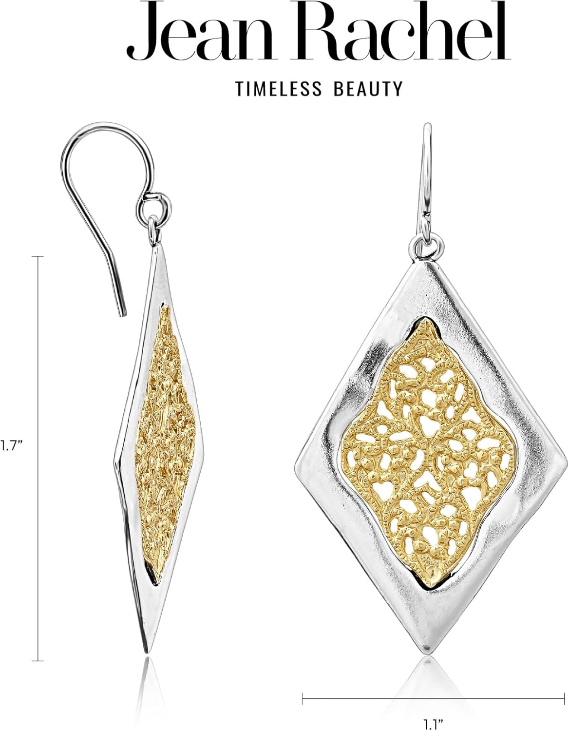 Jean Rachel Jewelry Mixed Metal Two Tone Earrings for Women – Lace Rhombus Dangle Earrings – 925 Sterling Silver & 14K Gold Over Silver – Hypoallergenic Geometric Jewelry