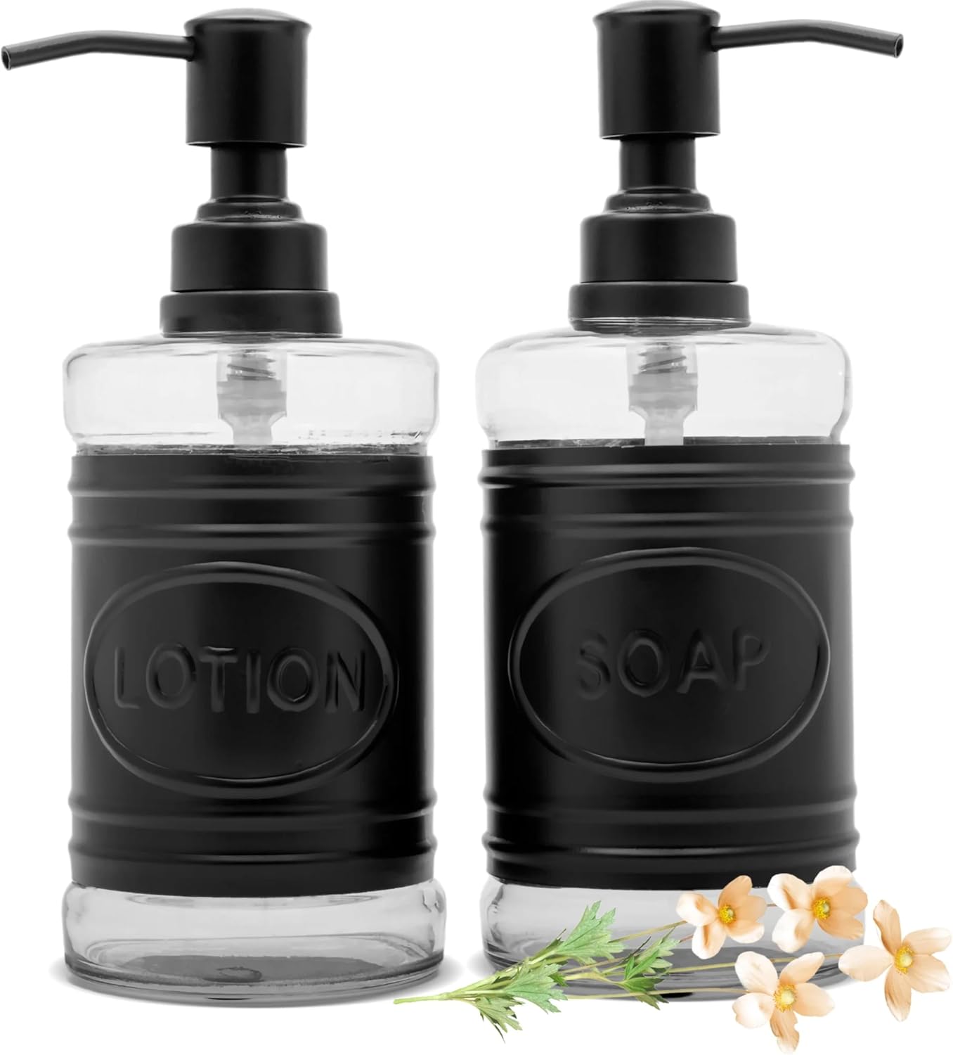 Autumn Alley Glass & Black Farmhouse Soap Dispenser Set for Hand Wash, Lotion, Dish Soap - Rust-Proof Liquid Soap Container with Pump for Kitchen/Bathroom - Farmhouse Bathroom Accessories